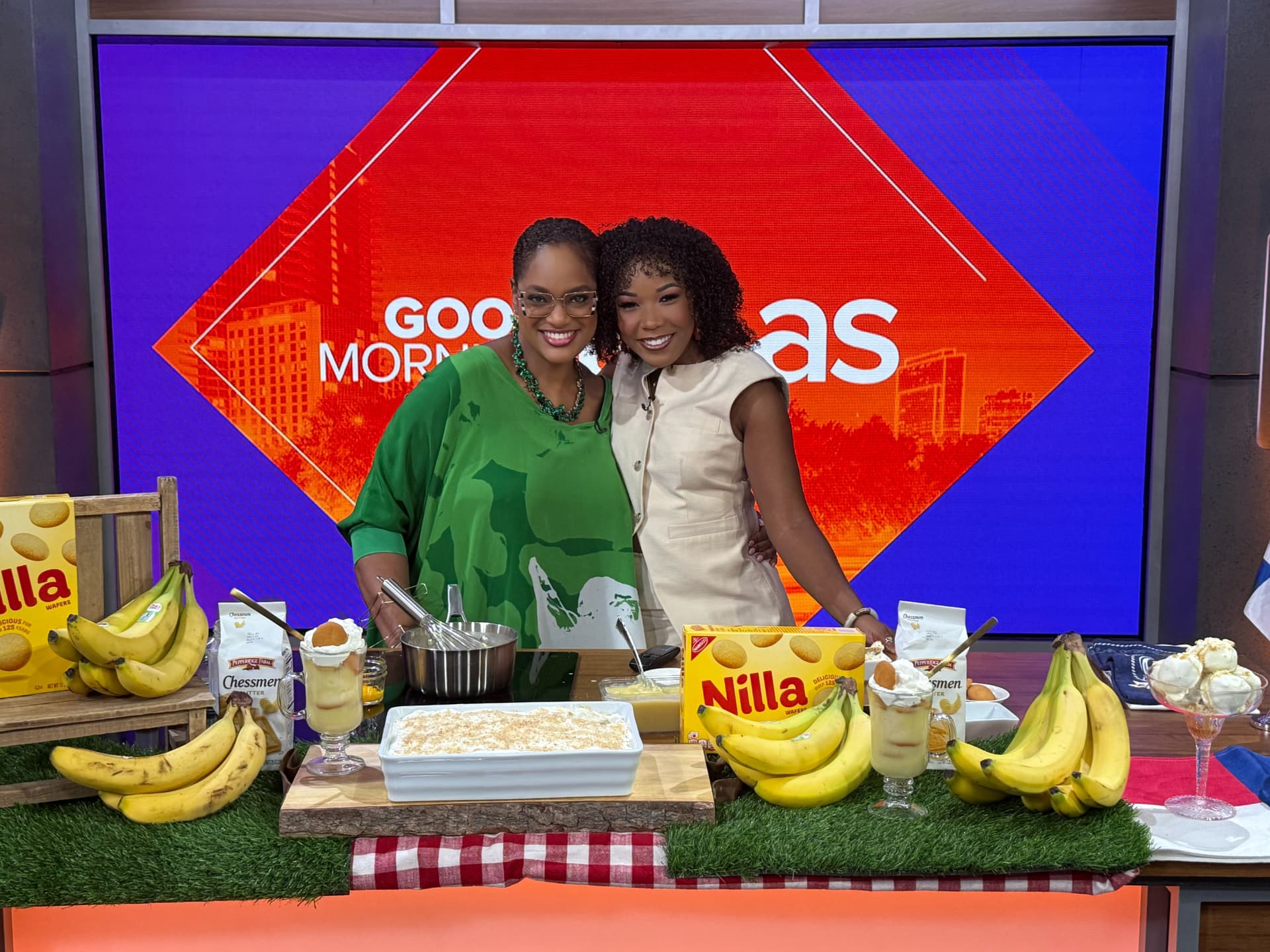 Chef Lorious with a host behind a banana pudding casserole and parfaits on the Good Morning Texas set