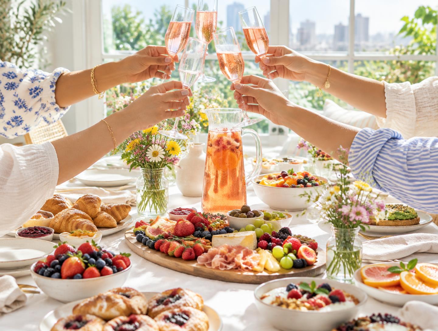 Friends toasting with sparkling rosé over a bright brunch table
