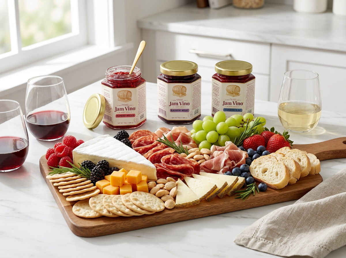A charcuterie board on a kitchen counter with all three Jam Vino jars, cheeses, fruit, and wine