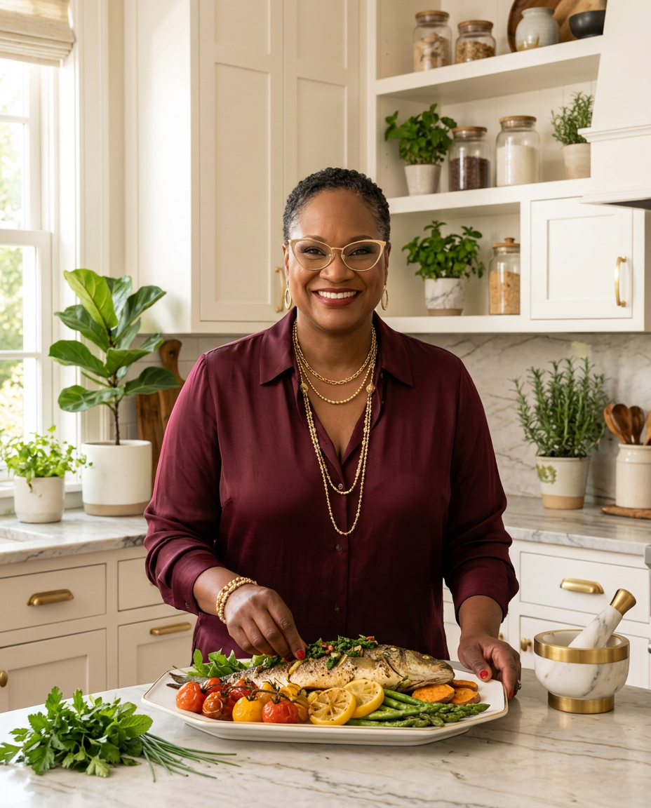 Editorial portrait of Chef Lorious presenting a fresh meal in a bright kitchen