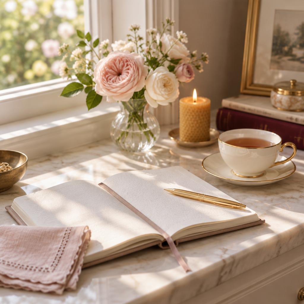 An open journal, a cup of tea, and blush roses on a sunlit windowsill