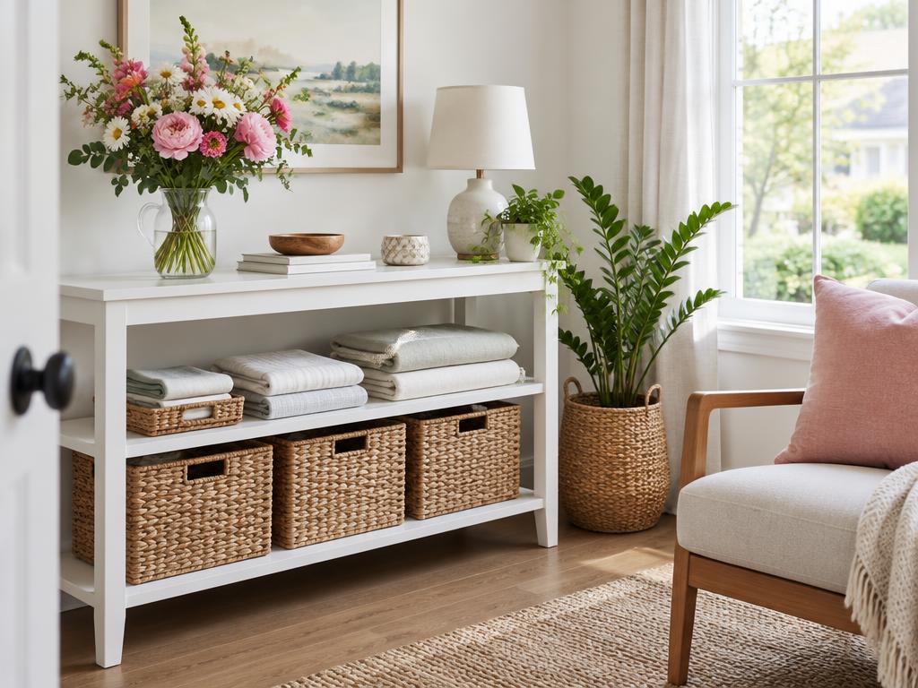 A bright home corner with organized baskets and fresh flowers