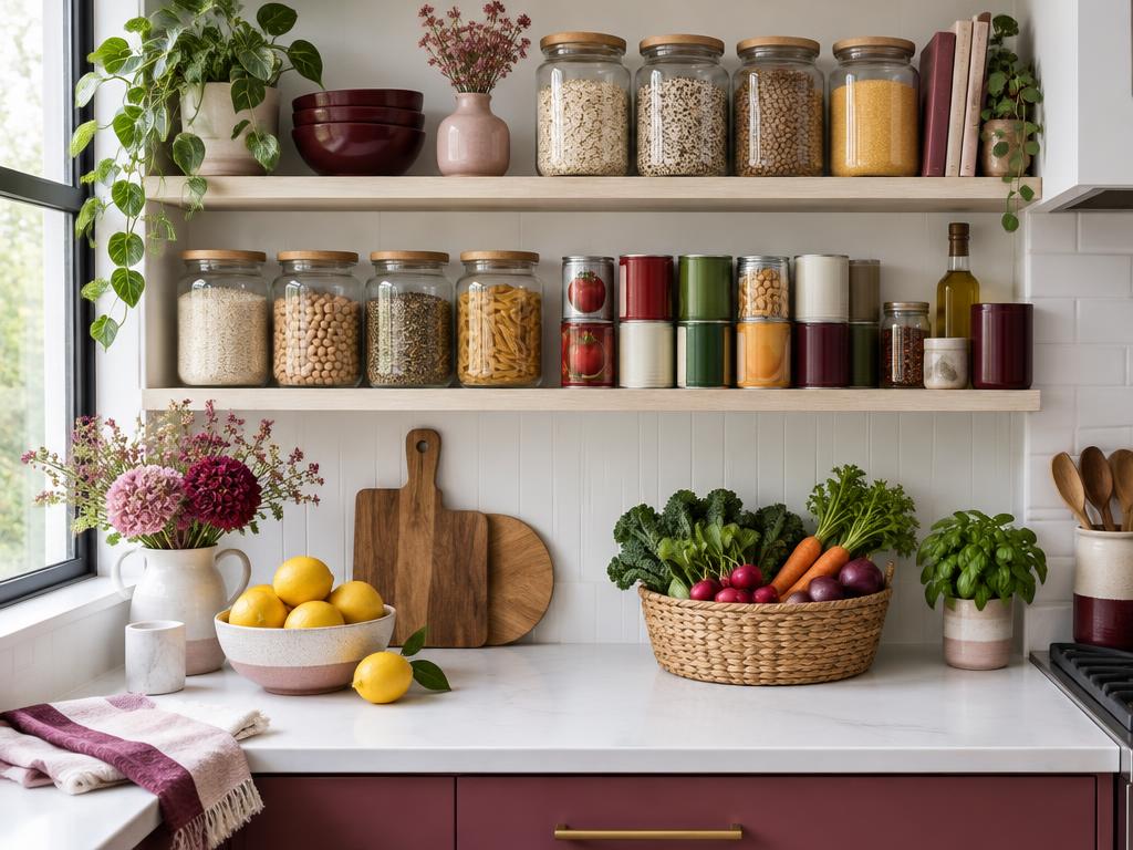Organized pantry jars and fresh groceries