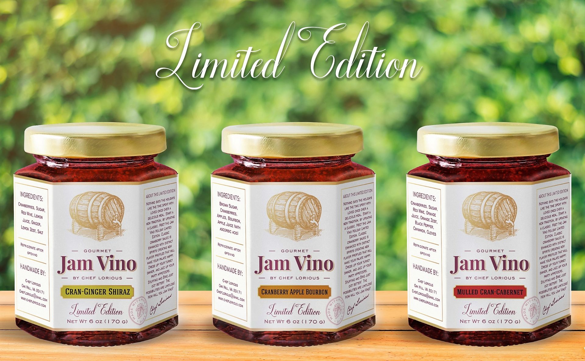 Three jars of jam are shown on a table.