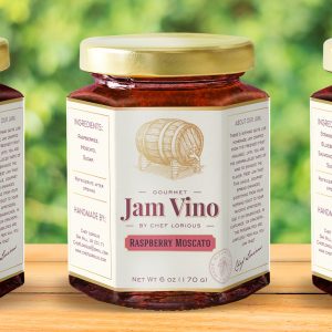 A jar of jam with the label " jam vino ".