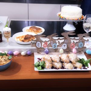 A table with food and drinks on it