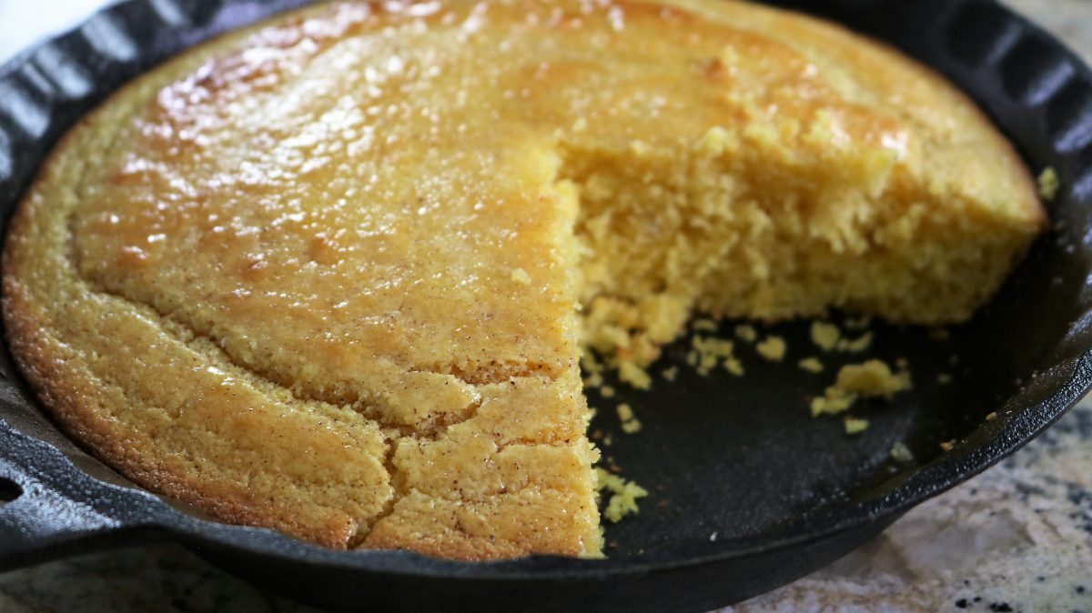 A close up of a piece of cake in a pan